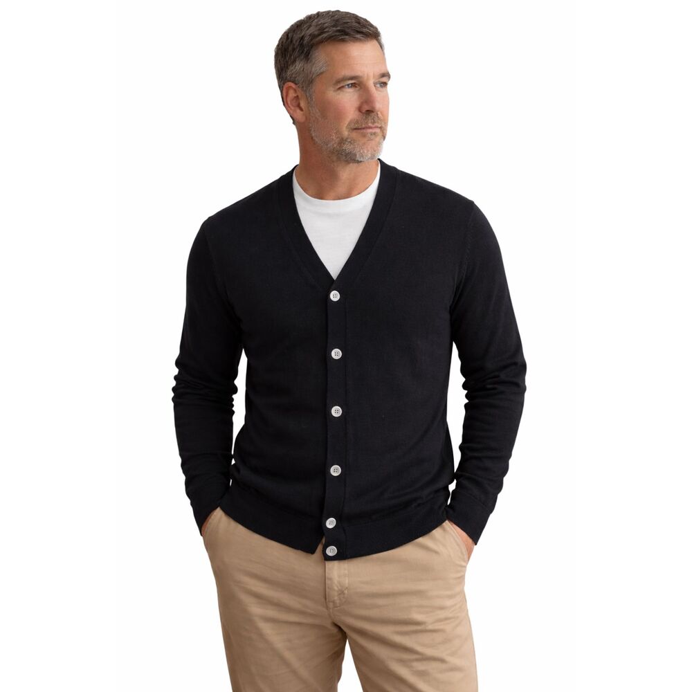 Classic Black Extra Fine Merino Wool V-Neck Button Cardigan Sweater M JCP